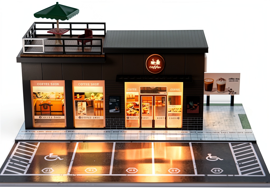 Miniature coffee shop garage displayed on a shelf