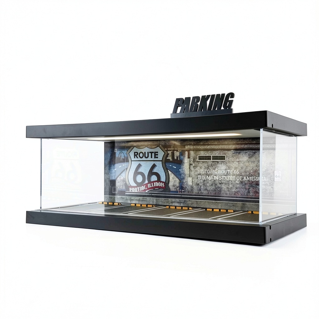 Bivitre garage display case on a desk with die‑cast cars