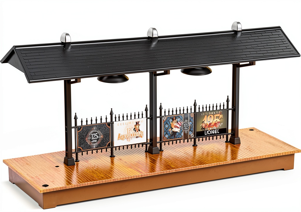 Illuminated Lionel O gauge station platform in a model train layout